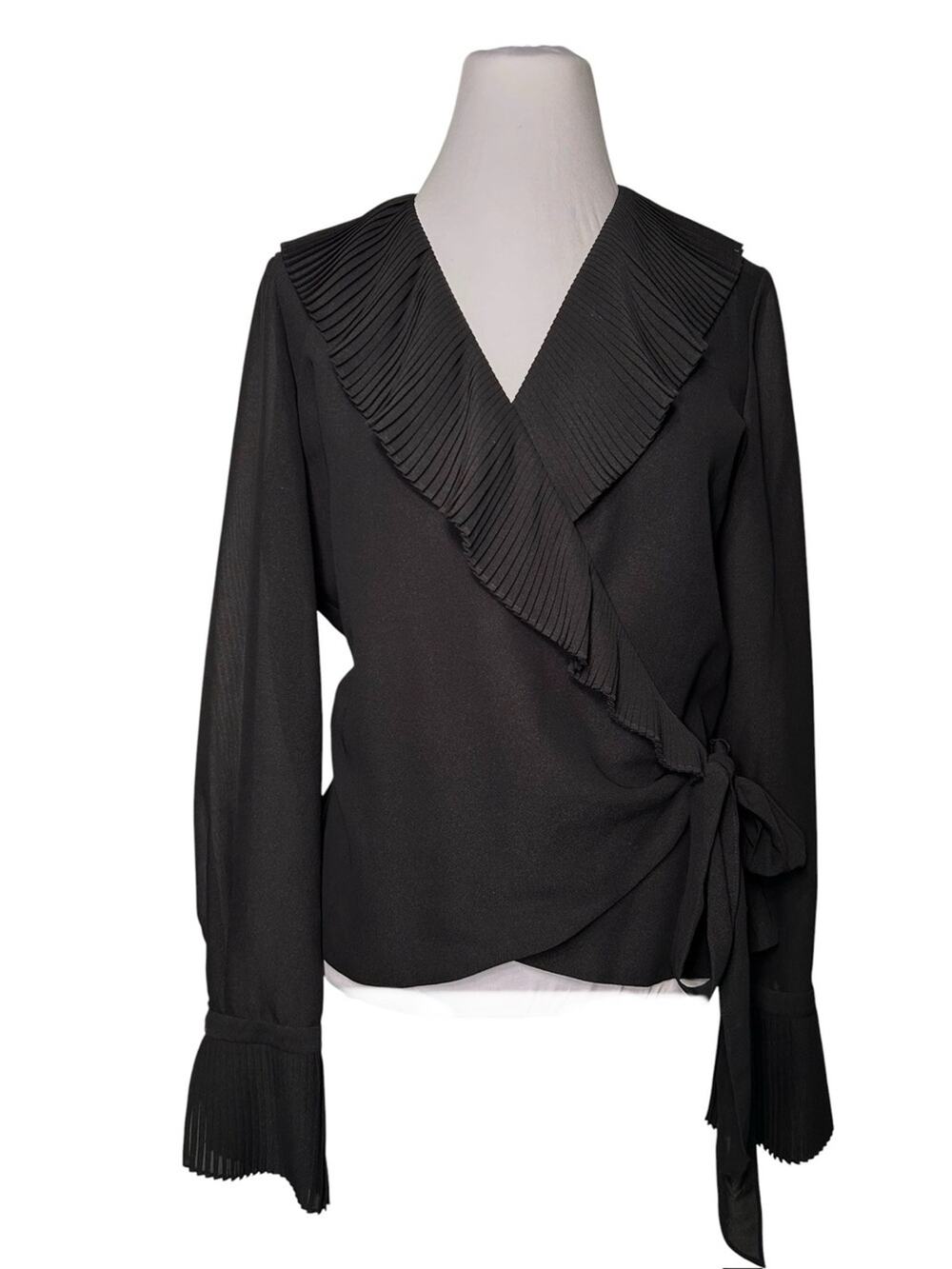 Dana Buchman Black Pleated Chiffon Wrap Top Size 6 Blouse Going Out Dressy